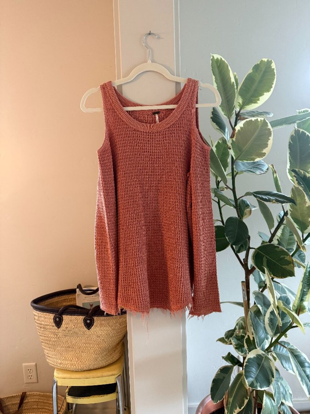 Free People Moonshine Cold Shoulder Waffle Knit Sweater Terracotta Coral Pink